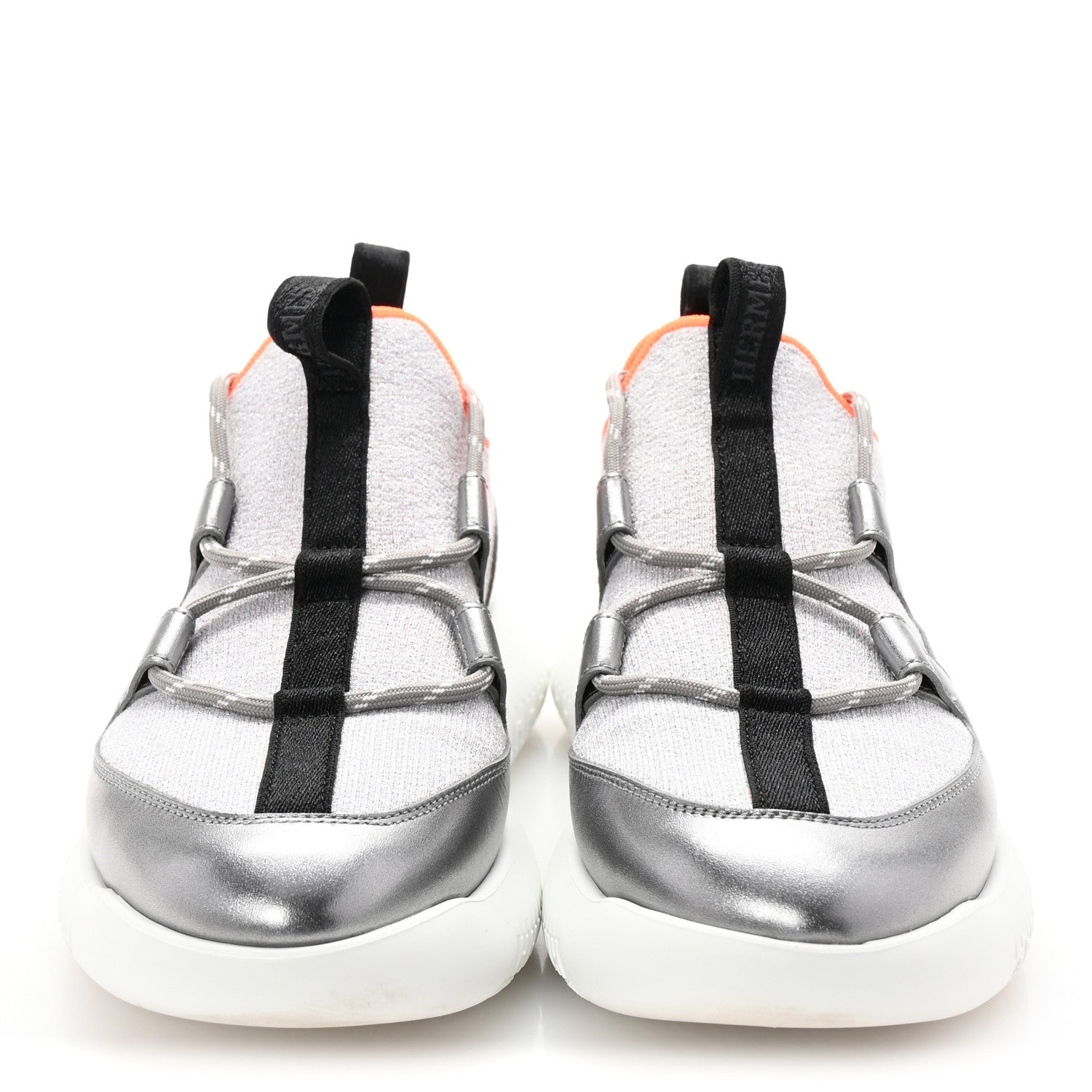 Hermes Knit Metallic Calfskin Womens Duel Sneakers 37.5 Argent