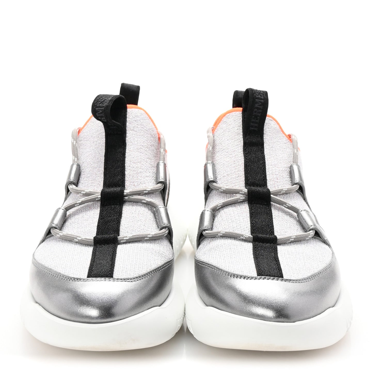 Knit Metallic Calfskin Womens Duel Sneakers 37.5 Argent Orange Black
