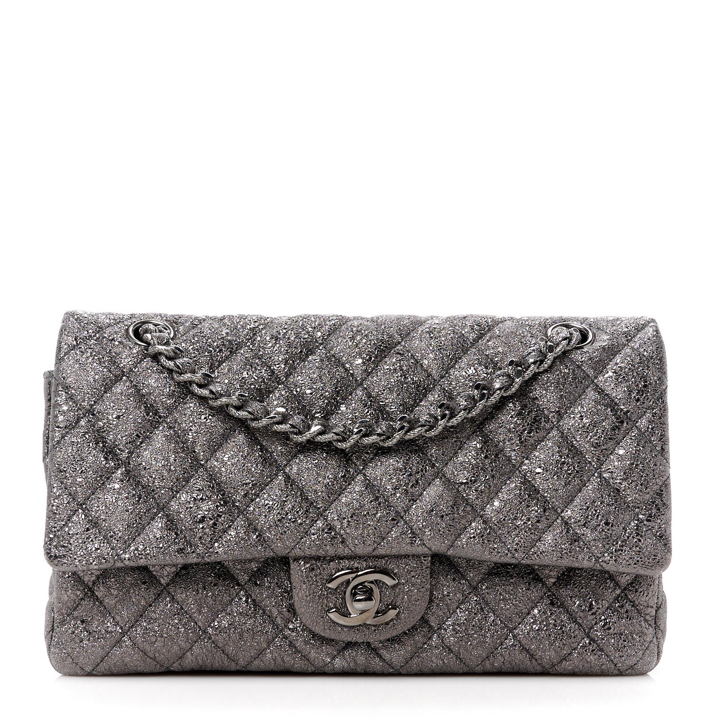 Metallic Crackled Calfskin Medium Double Flap Dark Silver