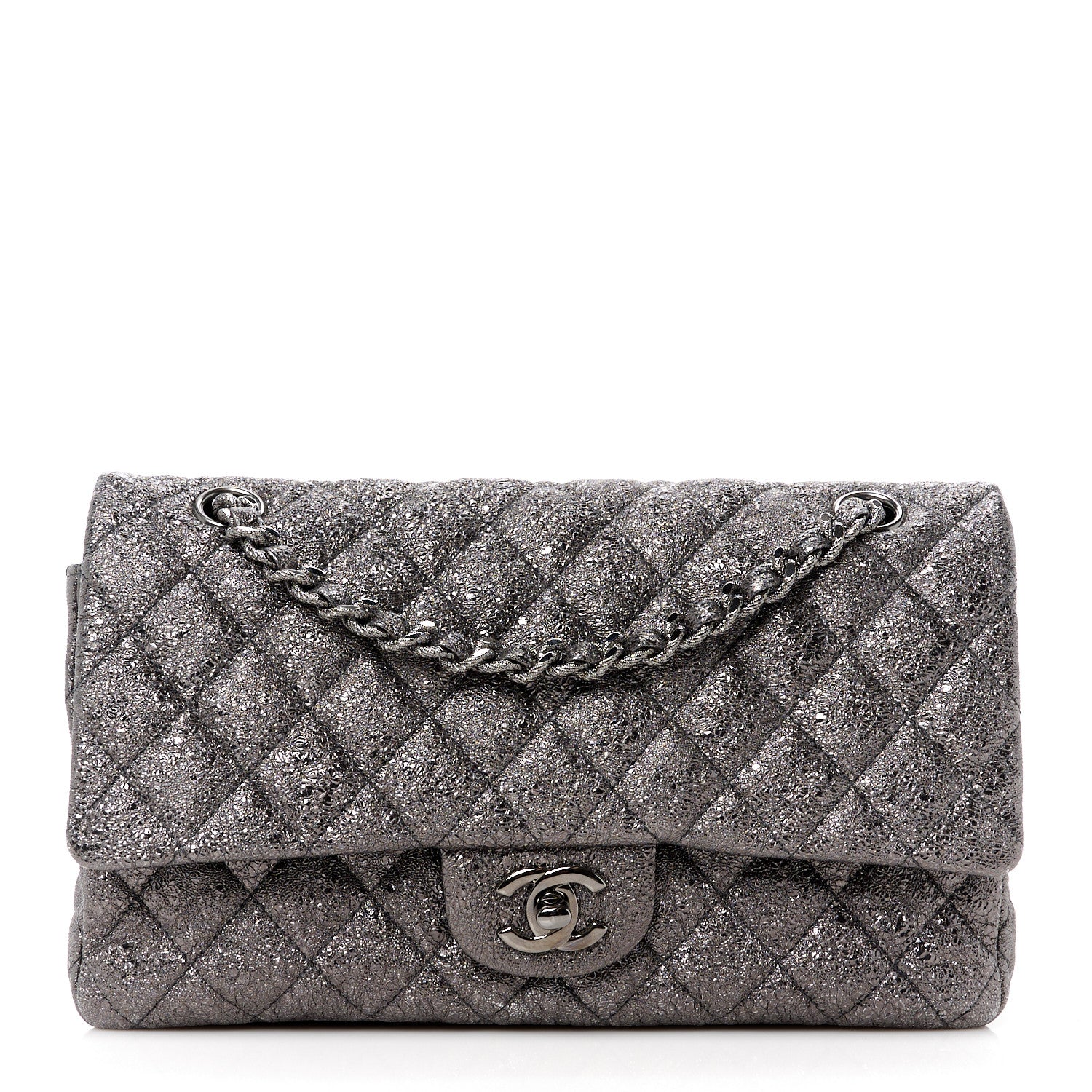 Chanel Metallic Crackled Calfskin Medium Double Flap Dark Silver 1 of 11