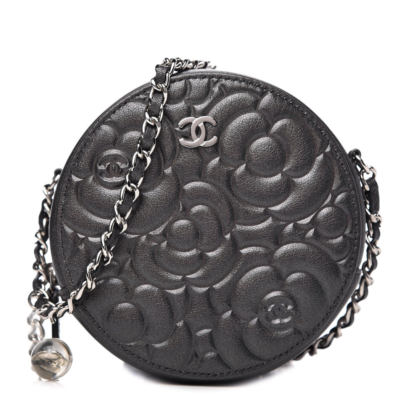 Goatskin Camellia Quilted Round Clutch With Chain Grey
