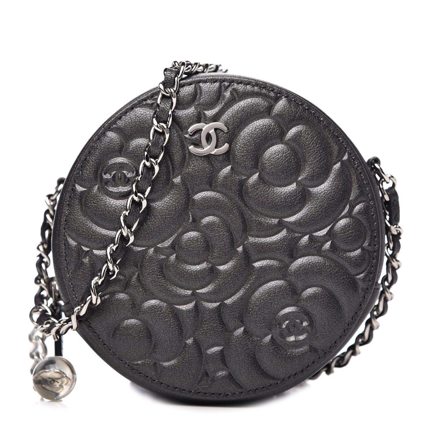 Chanel Goatskin Camellia Quilted Round Clutch With Chain Grey 1 of 10