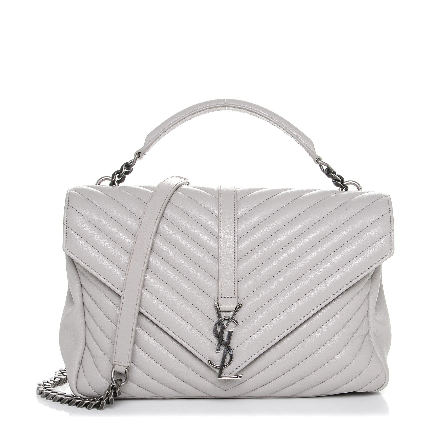 Saint Laurent Sheepskin Matelasse Chevron Monogram Large College Satchel Light Grey 1 of 6