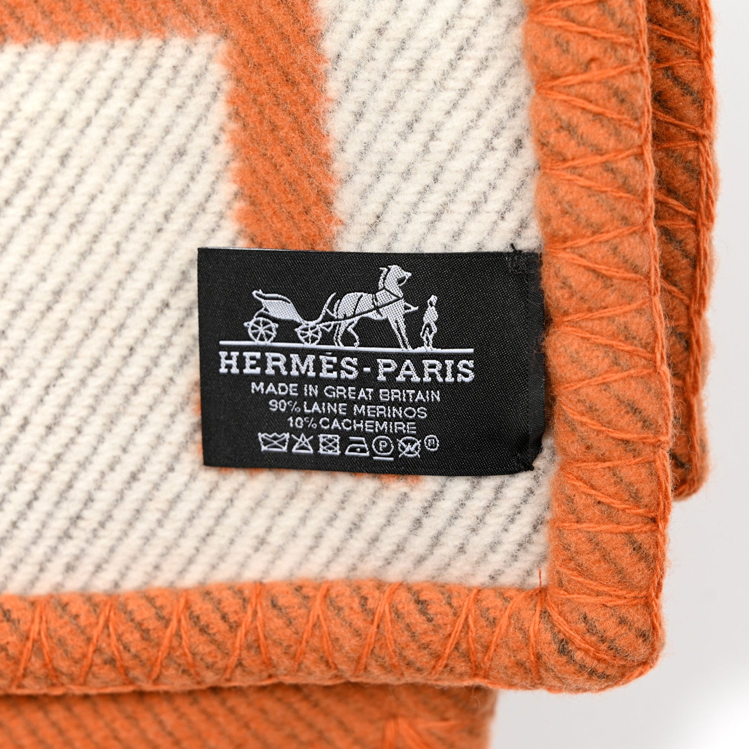 Hermes Wool Cashmere Signature Classic Avalon Blanket Ecru Potiron 3 of 3