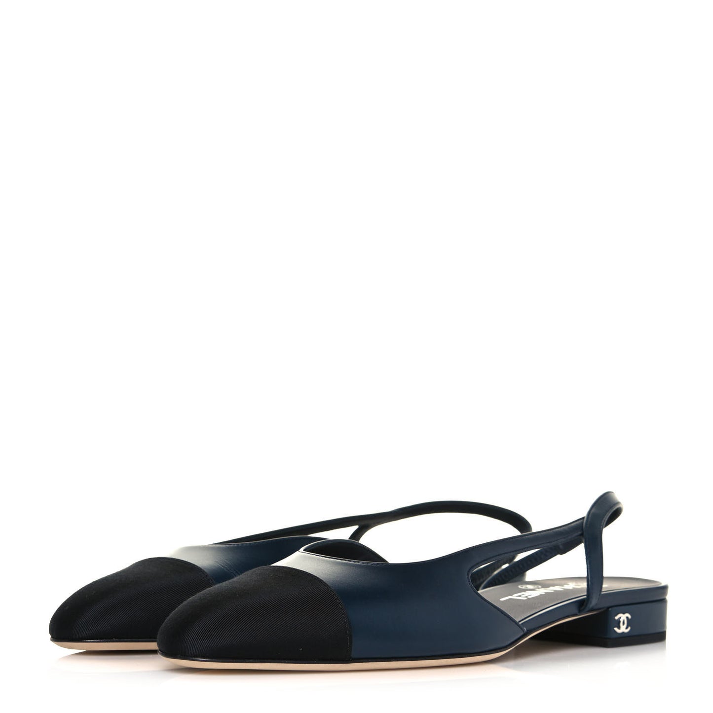 Goatskin Grosgrain Cap Toe CC Slingback Sandals 39 Navy Black
