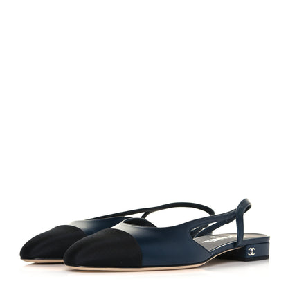 Chanel Goatskin Grosgrain Cap Toe CC Slingback Sandals 39 Navy Black 3 of 9