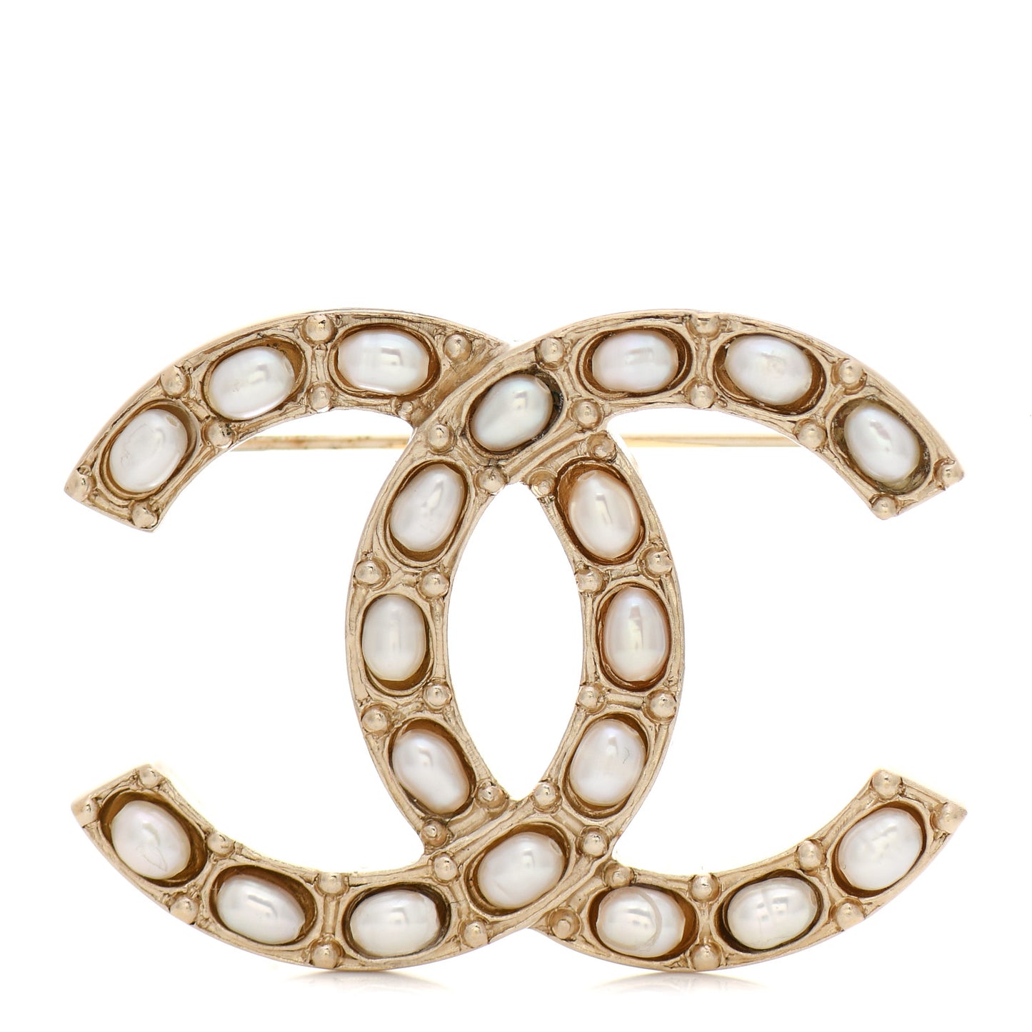 Pearl Studded CC Brooch Pin Gold