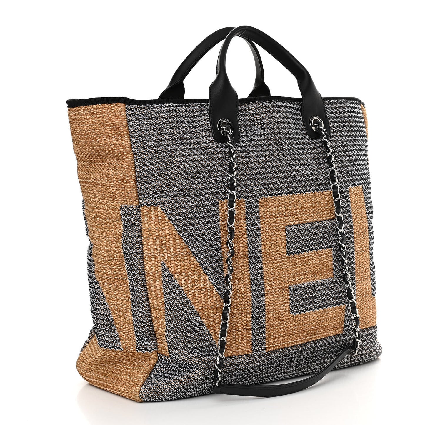 Woven Straw Raffia Logo Tote Blue Beige
