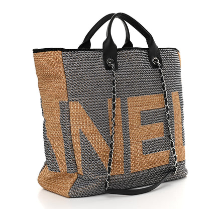 Chanel Woven Straw Raffia Logo Tote Blue Beige 3 of 11