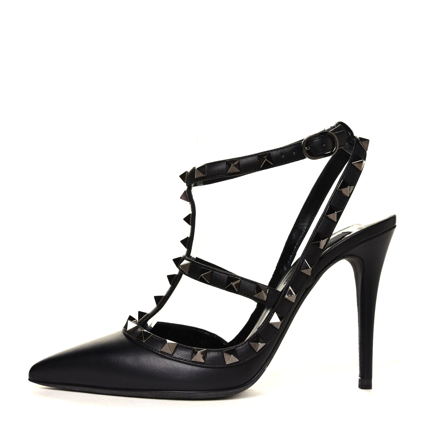 Calfskin Nappa Rockstud Ankle Strap 100mm Pumps 37.5 Black