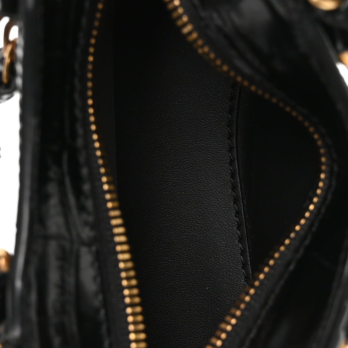 Shiny Supple Calfskin Crocodile Embossed Neo Classic Gold Hardware Super Nano City Crossbody Black