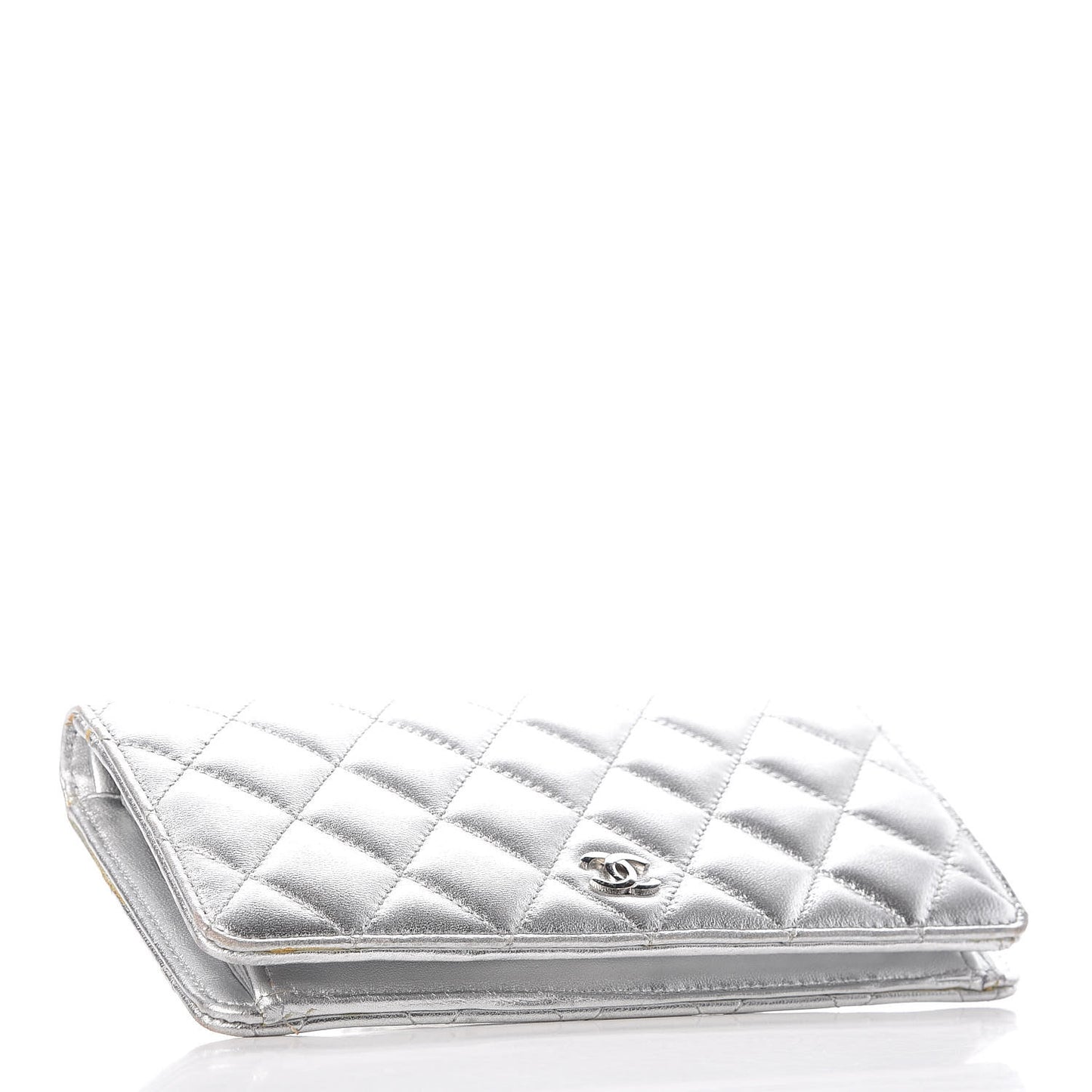 Metallic Lambskin Quilted Yen Wallet Silver