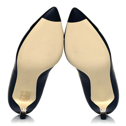 Chanel Lambskin Pearl Cap Toe Pumps 37 Navy Blue Black 6 of 10