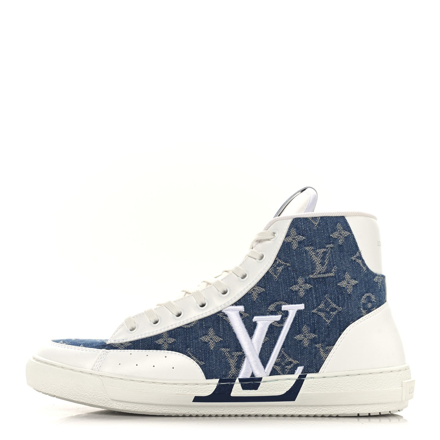 Calfskin Monogram Denim Mens Charlie High Top Sneakers 9 White Blue