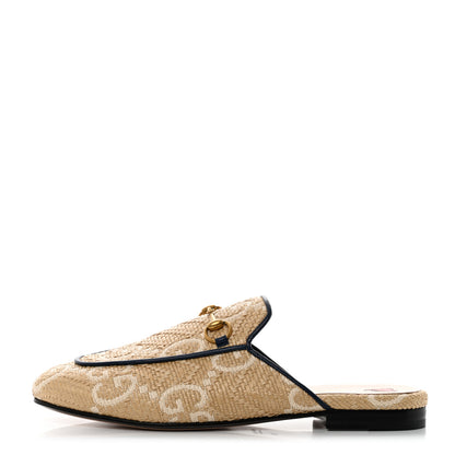 Gucci Raffia Malaga Kid GG Monogram Chevron Horsebit Womens Princetown Slippers 39 Natural Mystic White Blue Agata 1 of 8
