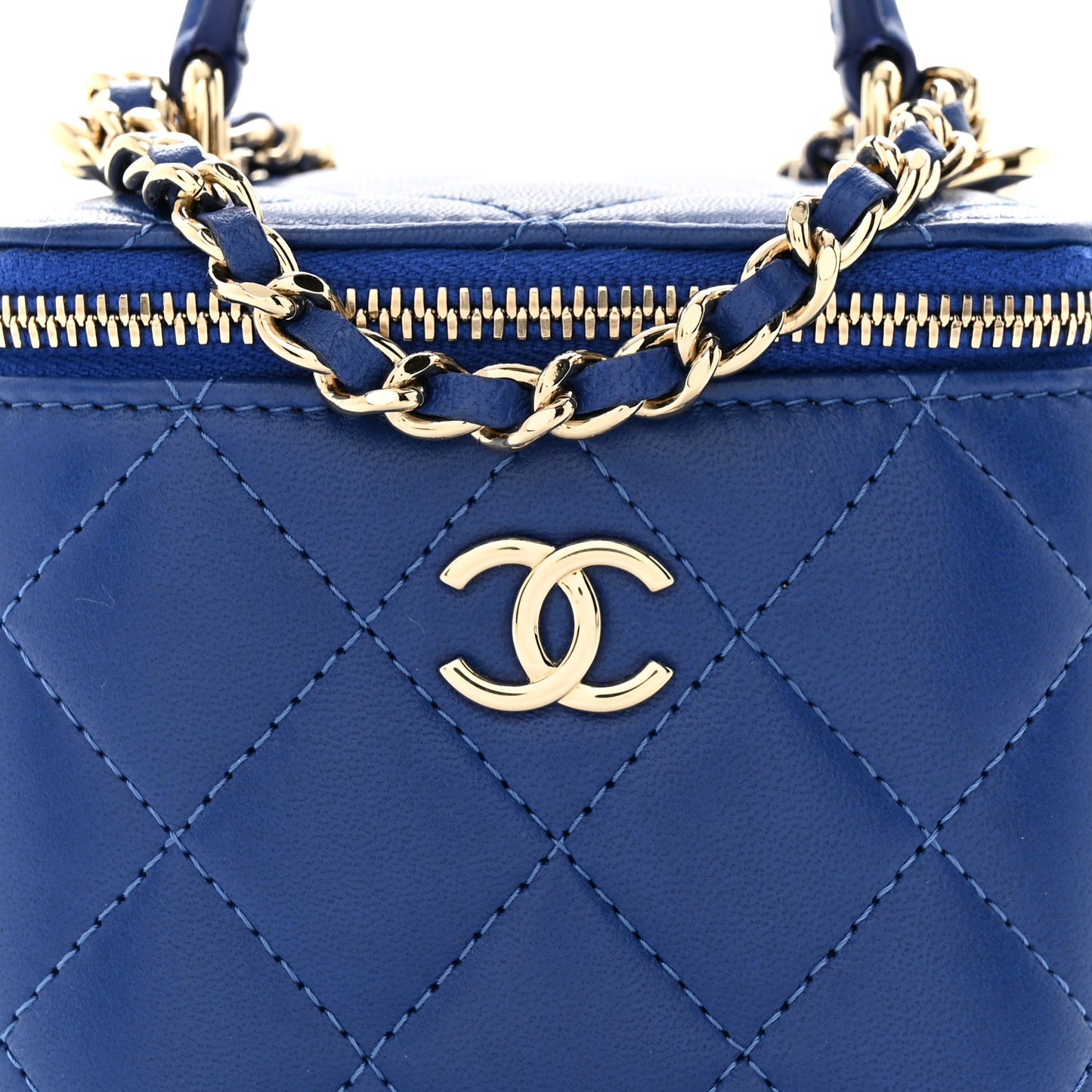 Lambskin Quilted Top Handle Mini Vanity Case With Chain Blue