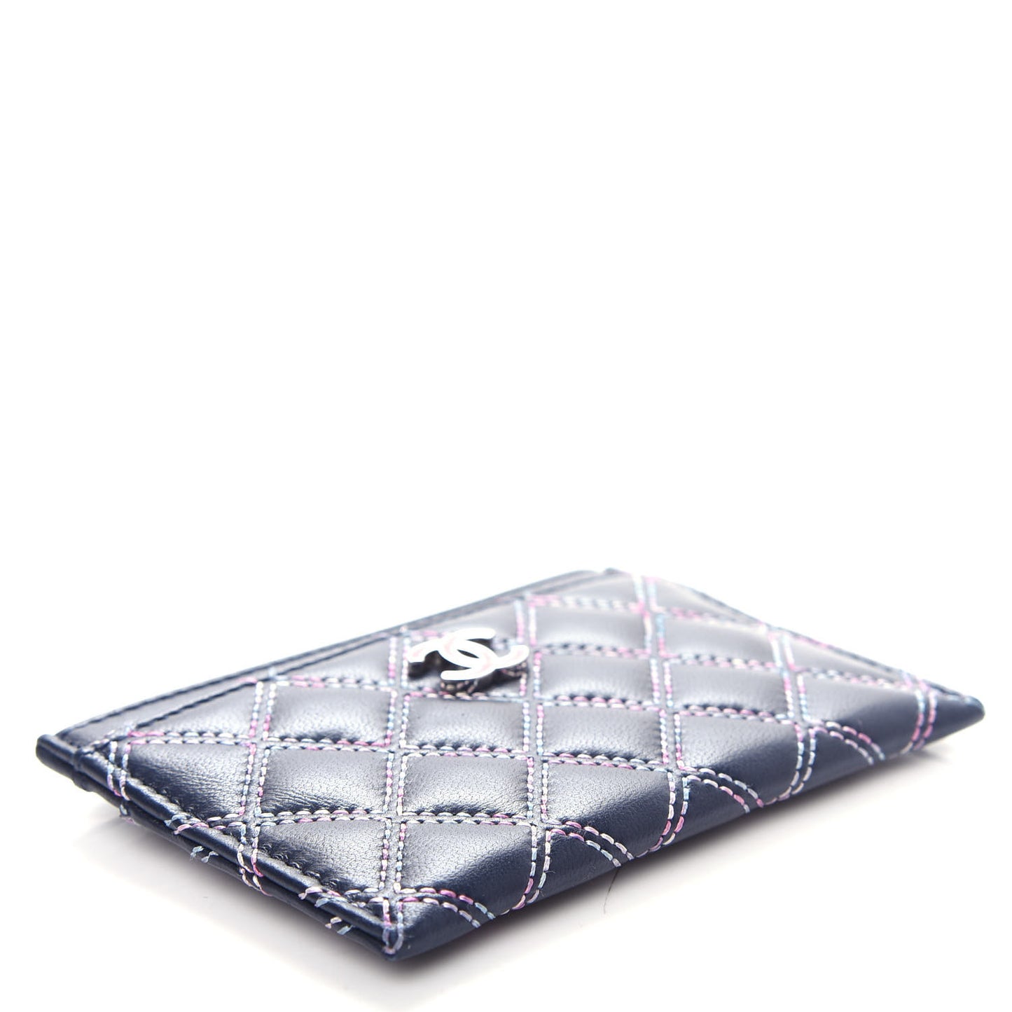 Lambskin Double Stitch Quilted Card Holder Navy Blue