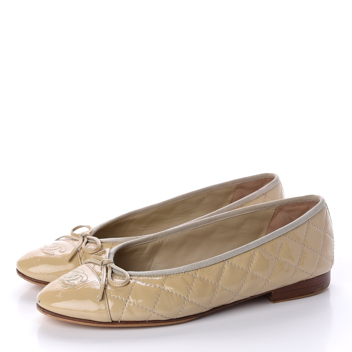Chanel Patent Calfskin Quilted Cap Toe CC Ballerina Flats 38 Beige 3 of 9