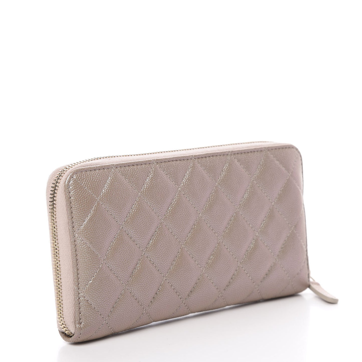 Iridescent Caviar Quilted Long Zip Around Wallet Beige