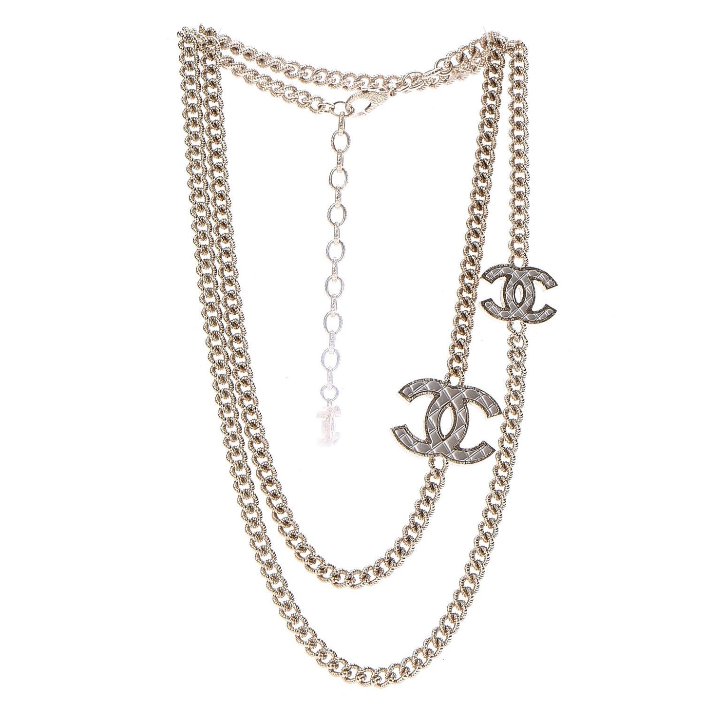 Quilted CC Long Chain Necklace Gold Pearly White