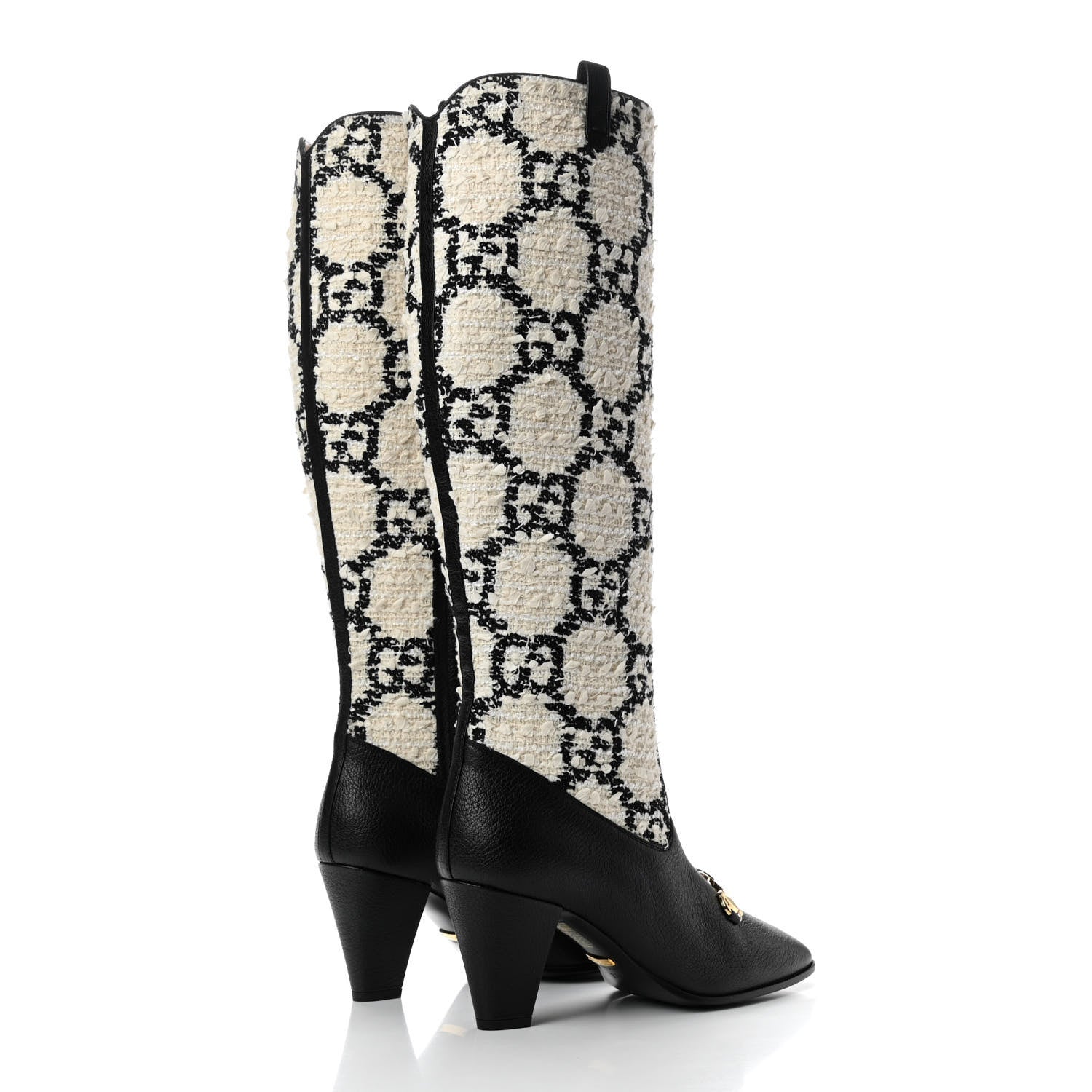 Gucci Tweed GG Monogram Wrinkled Kid Zumi Knee Boots 37.5 Natural Black 4 of 8