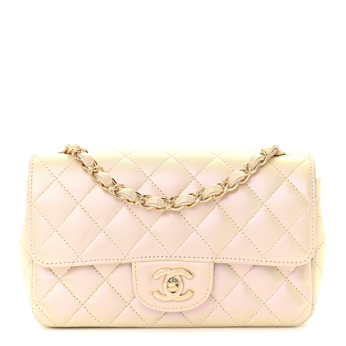 Iridescent Lambskin Quilted Mini Rectangular Flap Ivory
