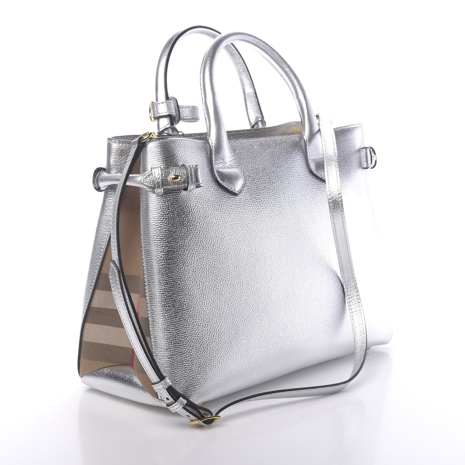 Burberry Metallic Grainy Calfskin House Check Medium Banner Tote Silver 3 of 11