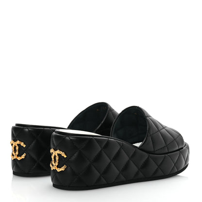 Chanel Lambskin Quilted Camelia CC Wedge Sandal Mules 39.5 Black 5 of 13