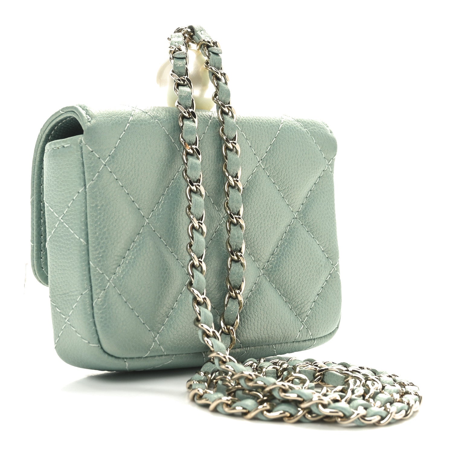 Chanel Iridescent Caviar Quilted Pearl On Top Coin Purse With Chain Light Green 2 of 9