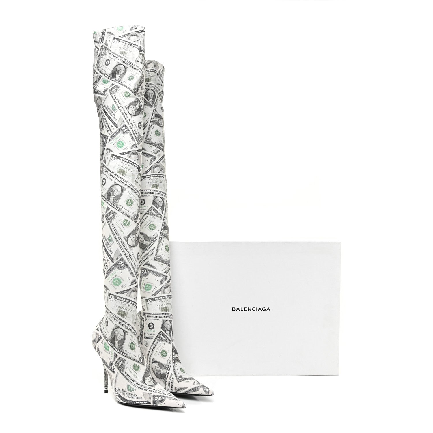 Balenciaga Spandex Dollars Print Pointed Toe Knife Thigh High Boots 37 Green 8 of 8