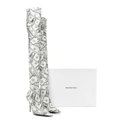 Balenciaga Spandex Dollars Print Pointed Toe Knife Thigh High Boots 37 Green 8 of 8