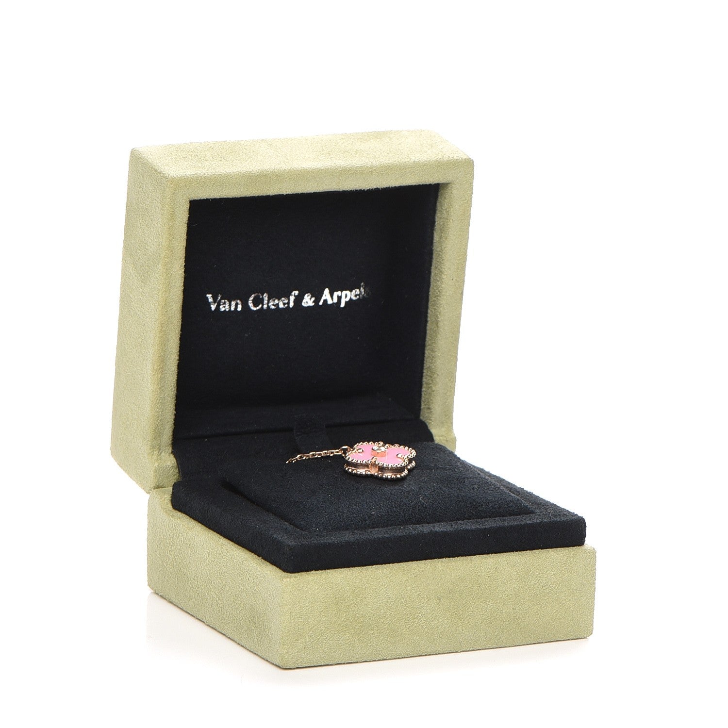 Van Cleef & Arpels 18K Rose Gold Diamond Pink Porcelain Vintage Alhambra Pendant Necklace 8 of 8