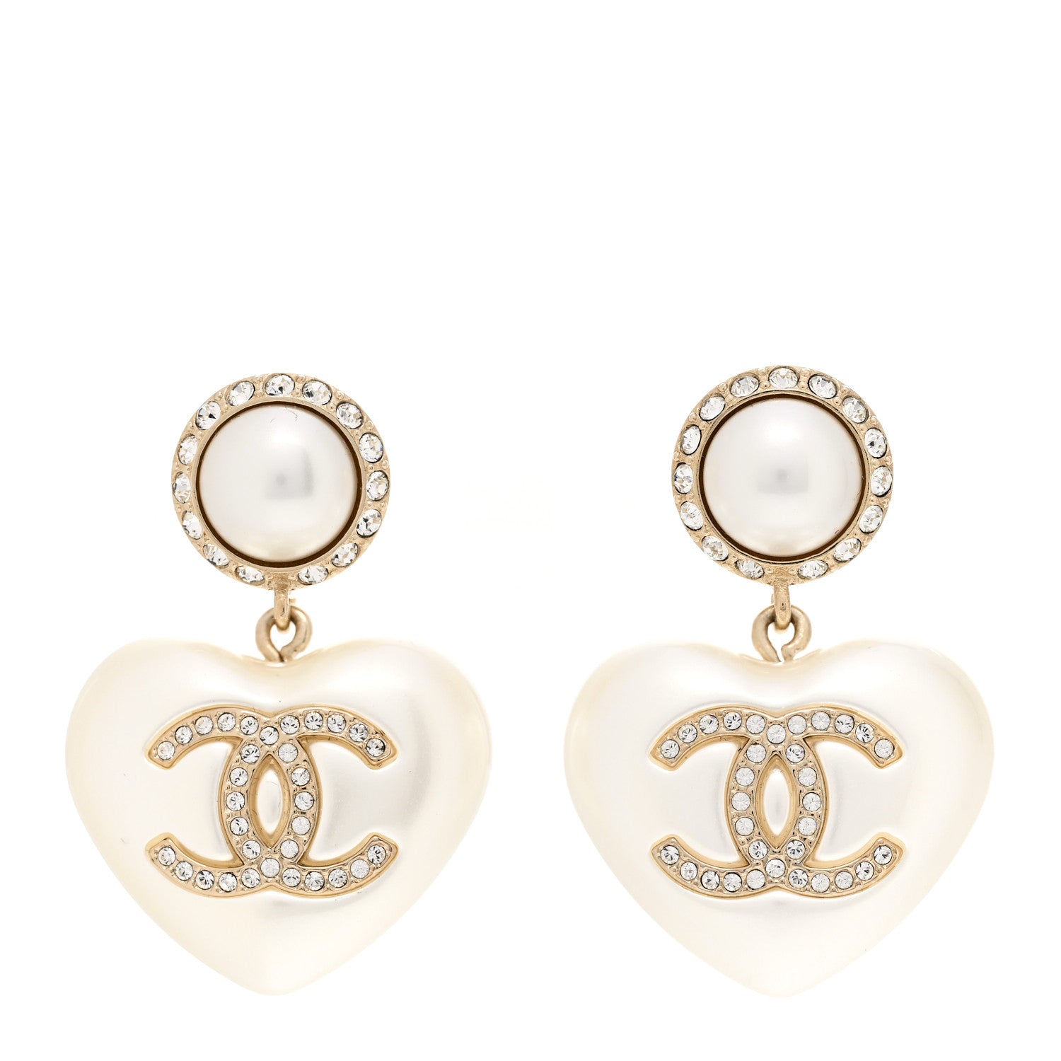 Chanel Pearl Crystal CC Heart Drop Earrings Gold 1 of 5