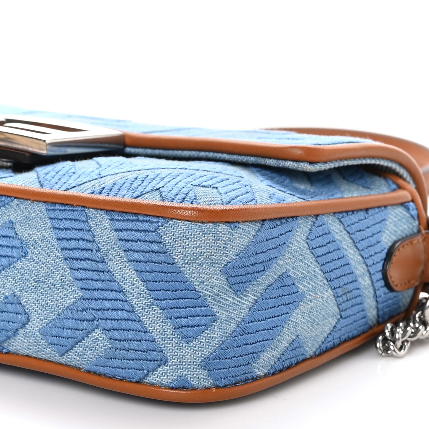 Denim Vitello King FF Embroidered Mini Baguette Denim Chiaro Brandy
