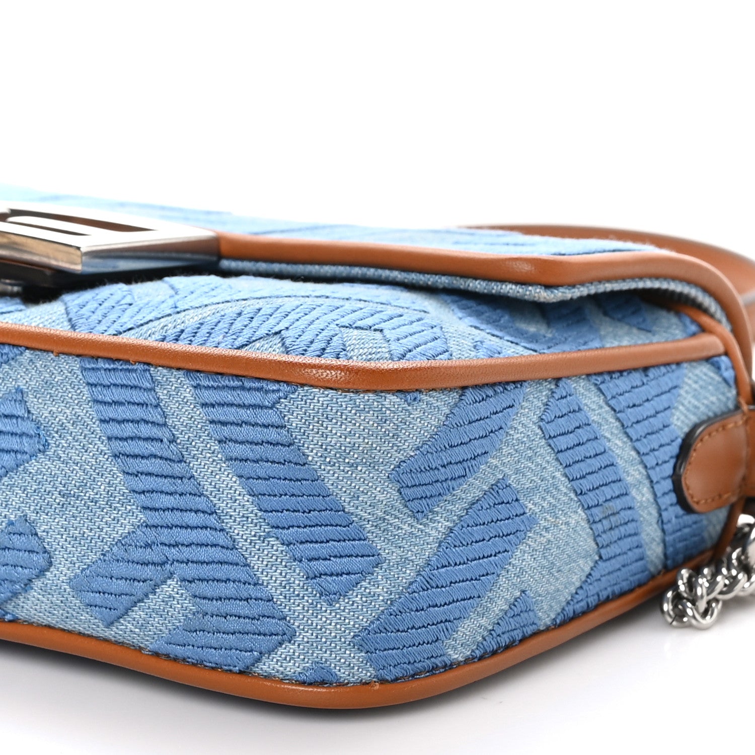 Fendi Denim Vitello King FF Embroidered Mini Baguette Denim Chiaro Brandy 10 of 12