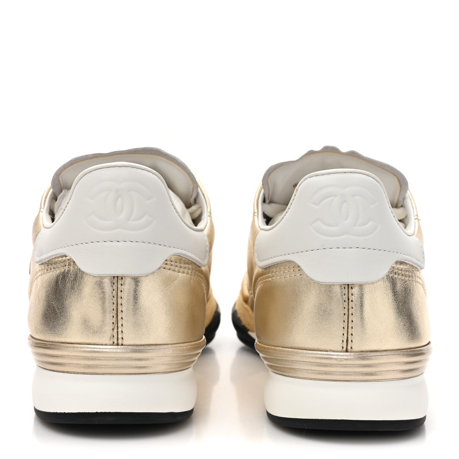 Chanel Laminated Calfskin Suede Quilted Womens CC Sneakers 37 Gold
