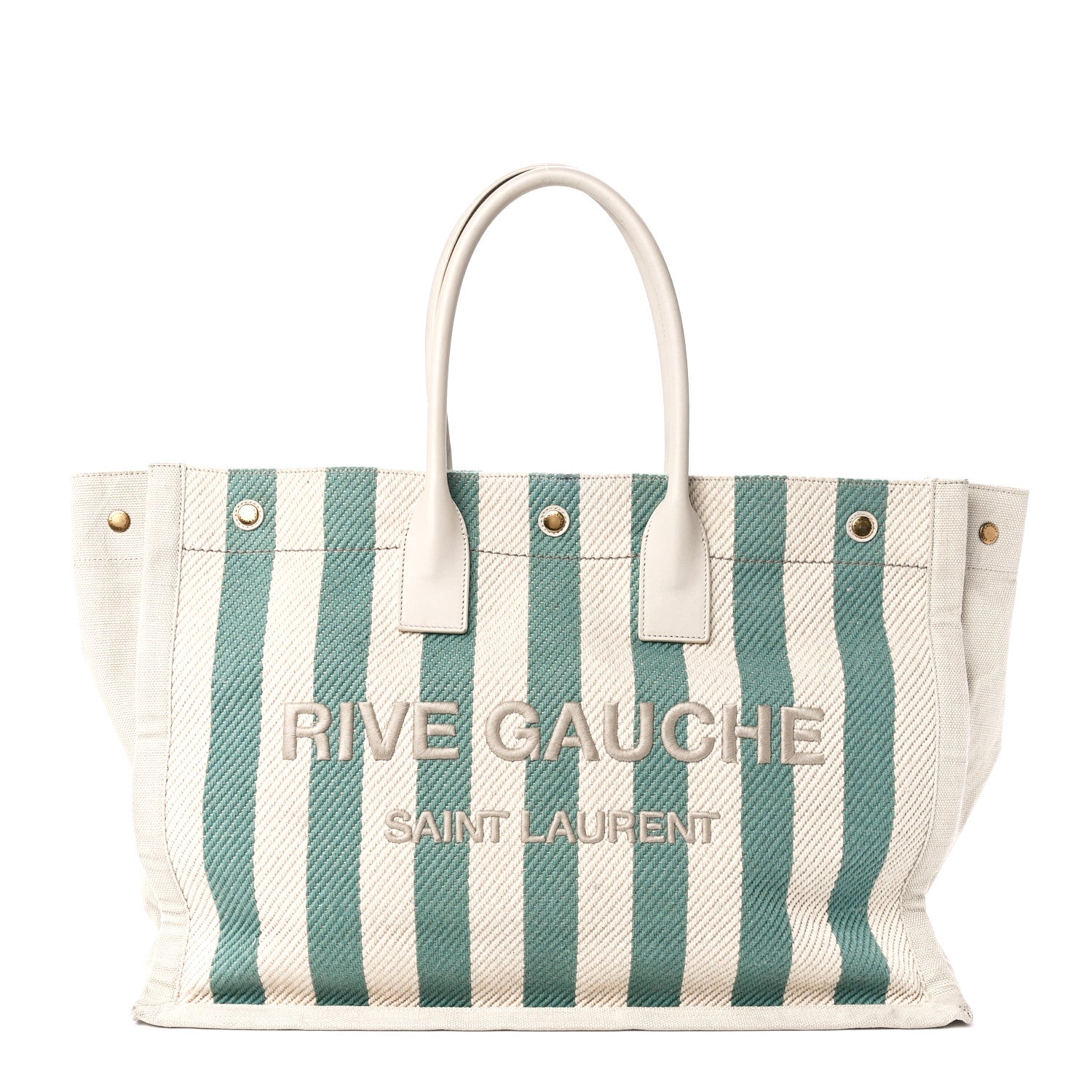 Saint Laurent Cotton Linen Calfskin Striped Rive Gauche Tote Water Green 1 of 11