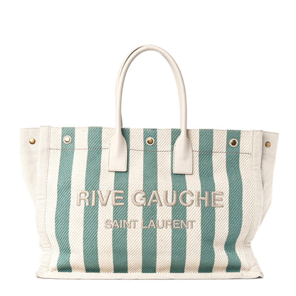 Saint Laurent Cotton Linen Calfskin Striped Rive Gauche Tote Water Green 1 of 11