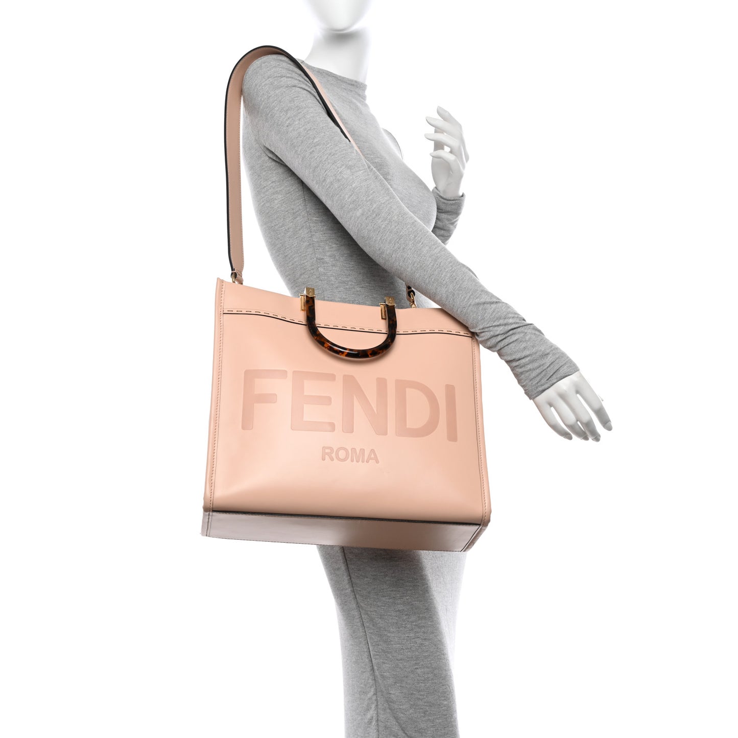 Vitello King Plexiglass Logo Embossed Medium Fendi Sunshine Shopper Tote Light Rose