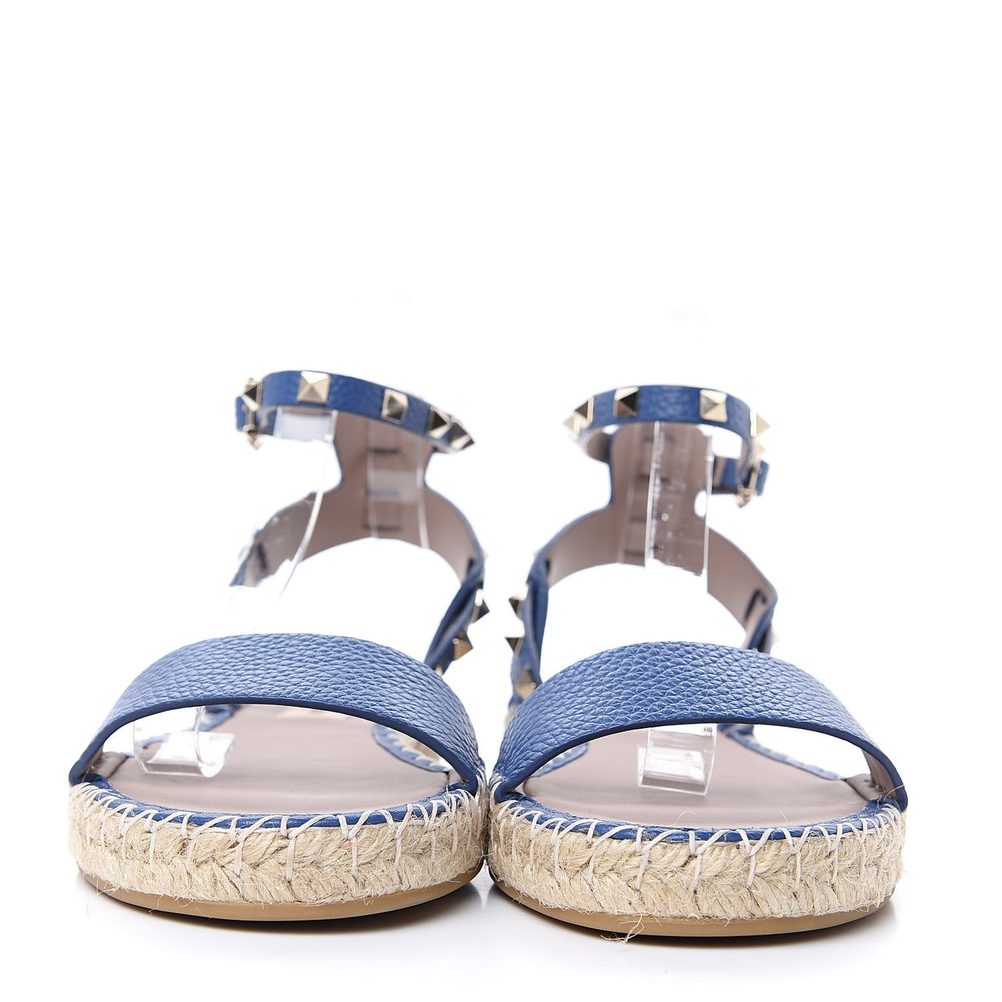 Grained Calfskin Rockstud Ankle Strap Espadrille Flat Sandals 39 Baltique