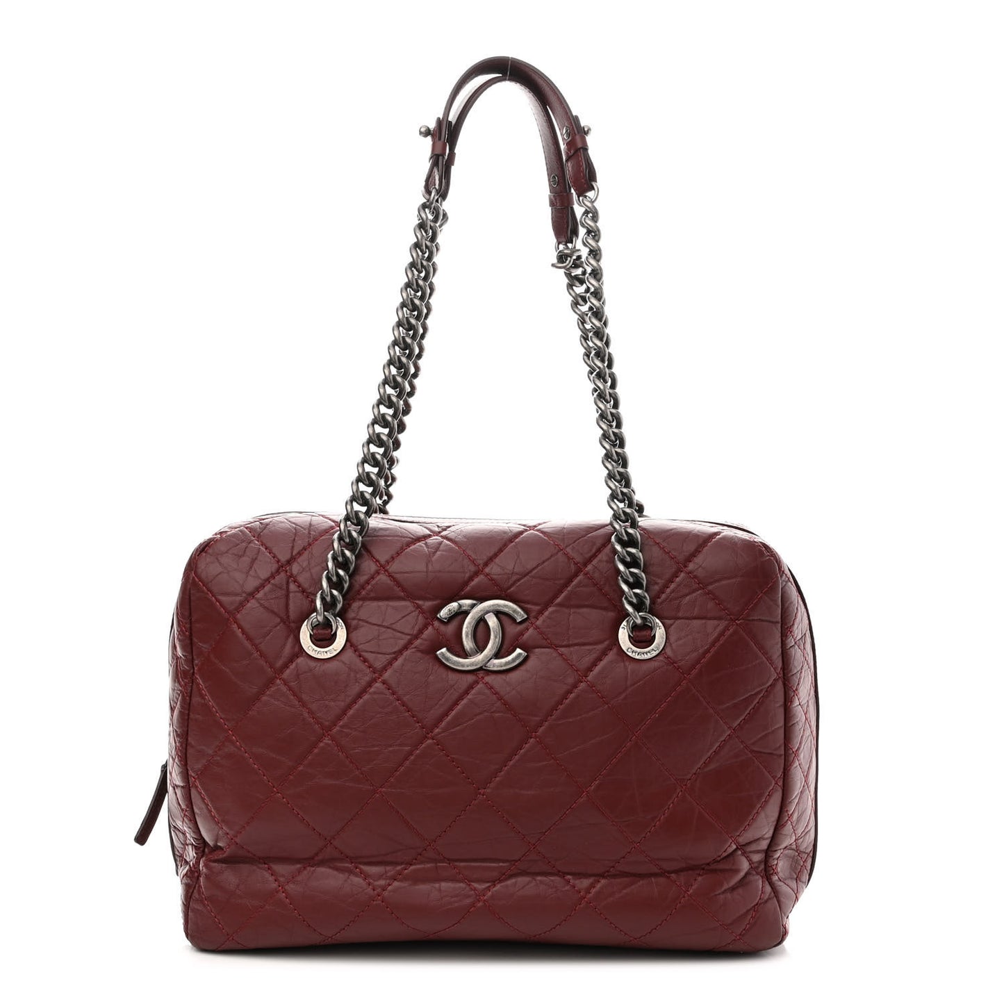 Aged Calfskin Quilted Large Secret Tag Bowling Bag Burgundy