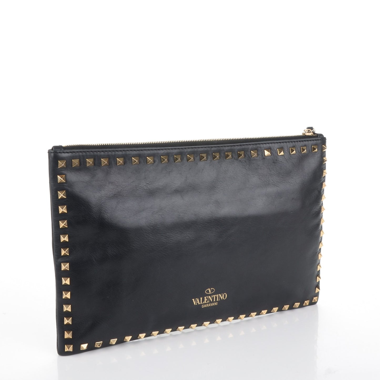Vitello Large Rockstud Zip Wristlet Pouch Black
