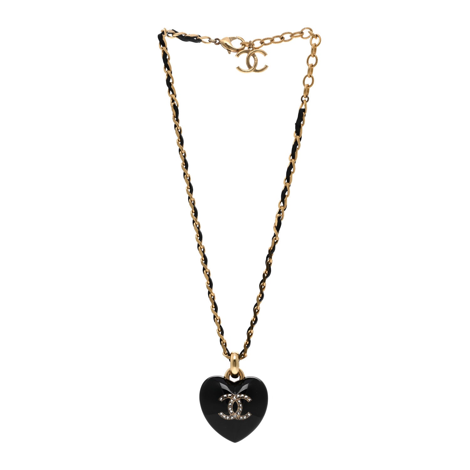 Chanel Lambskin Crystal Resin CC Heart Drop Necklace Gold Black 3 of 6