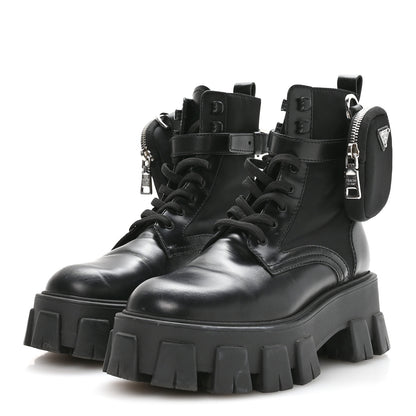Prada Spazzolato Rois Nylon Metal Triangle Logo Monolith Pouch Pocket 55mm Boots 37 Black 8 of 16