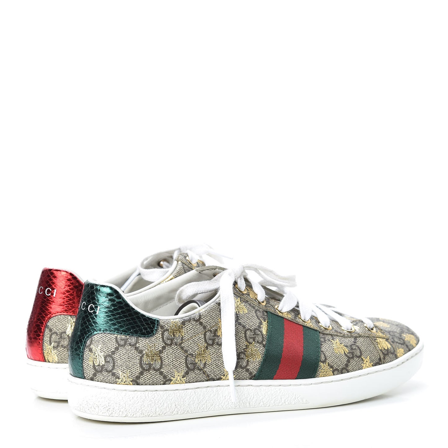 GG Supreme Monogram Bees Ayers Web Womens Ace Sneakers 38.5 Beige Oro Green Red