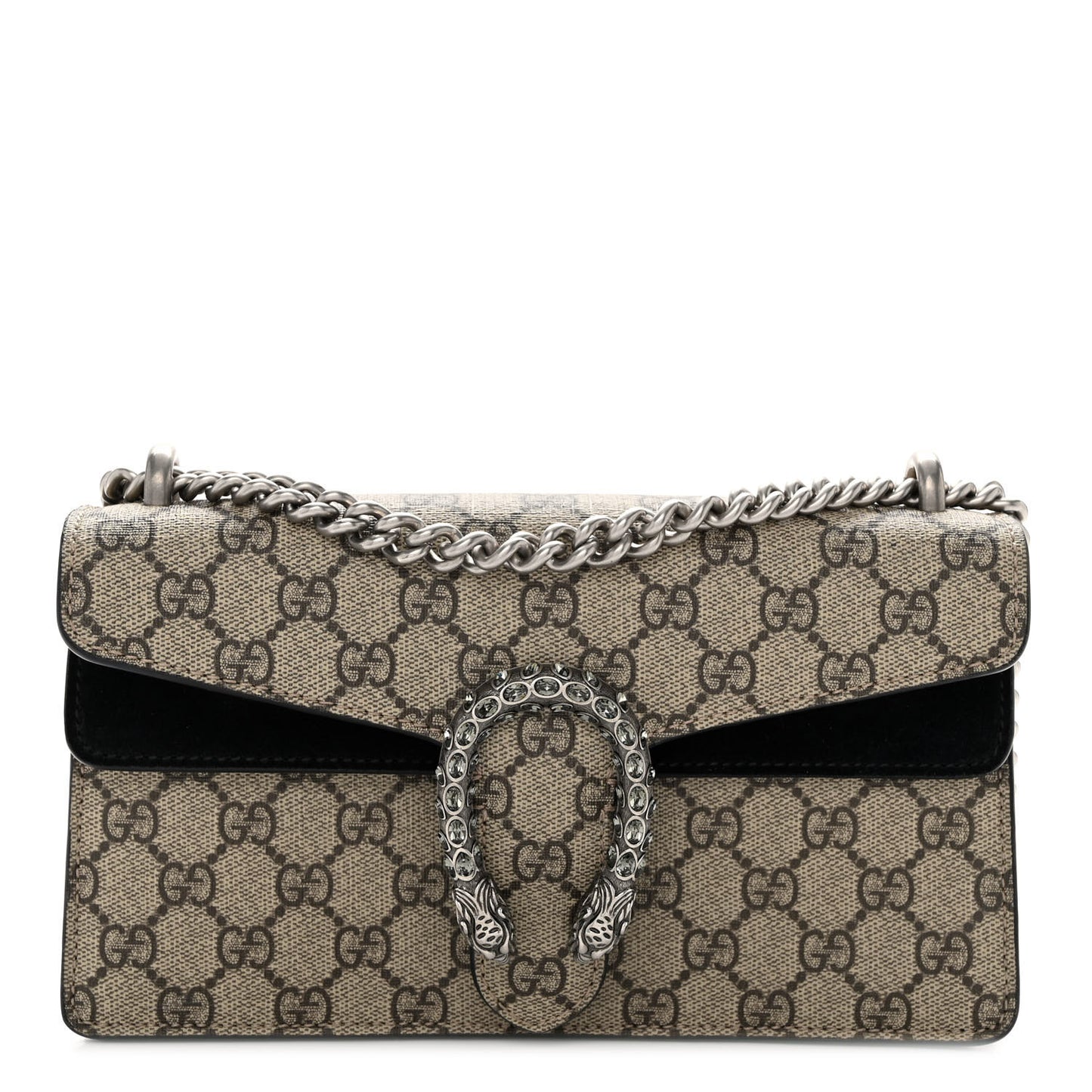 GG Supreme Monogram Suede Crystal Small Dionysus Shoulder Bag Beige Ebony Black