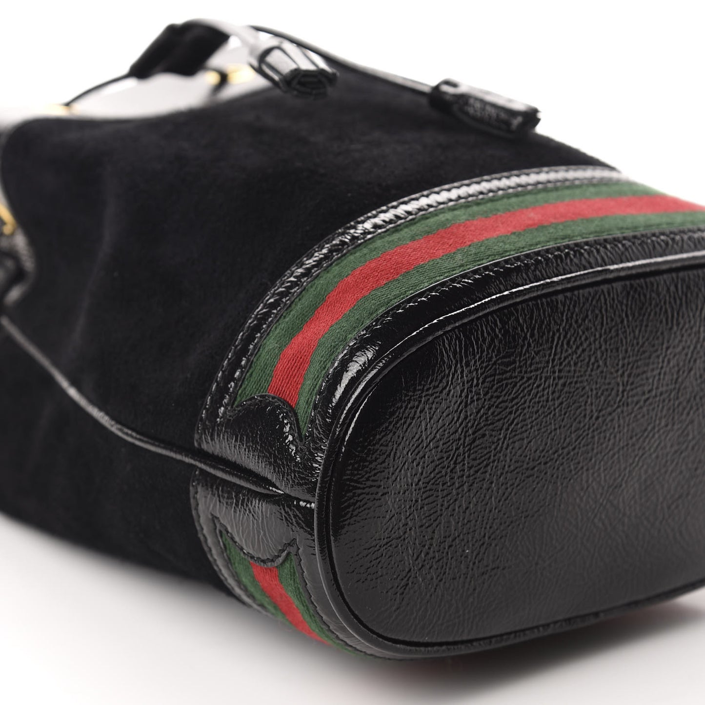 Suede Patent Web Small Ophidia Bucket Bag Black