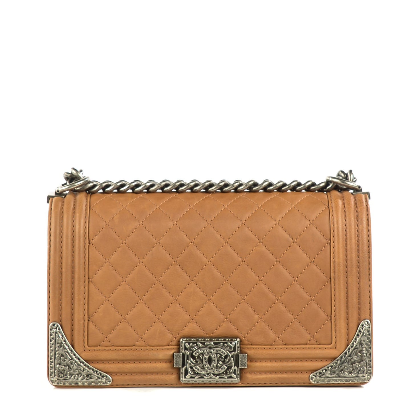 Calfskin Quilted Embellished Metal Medium Boy Flap Beige