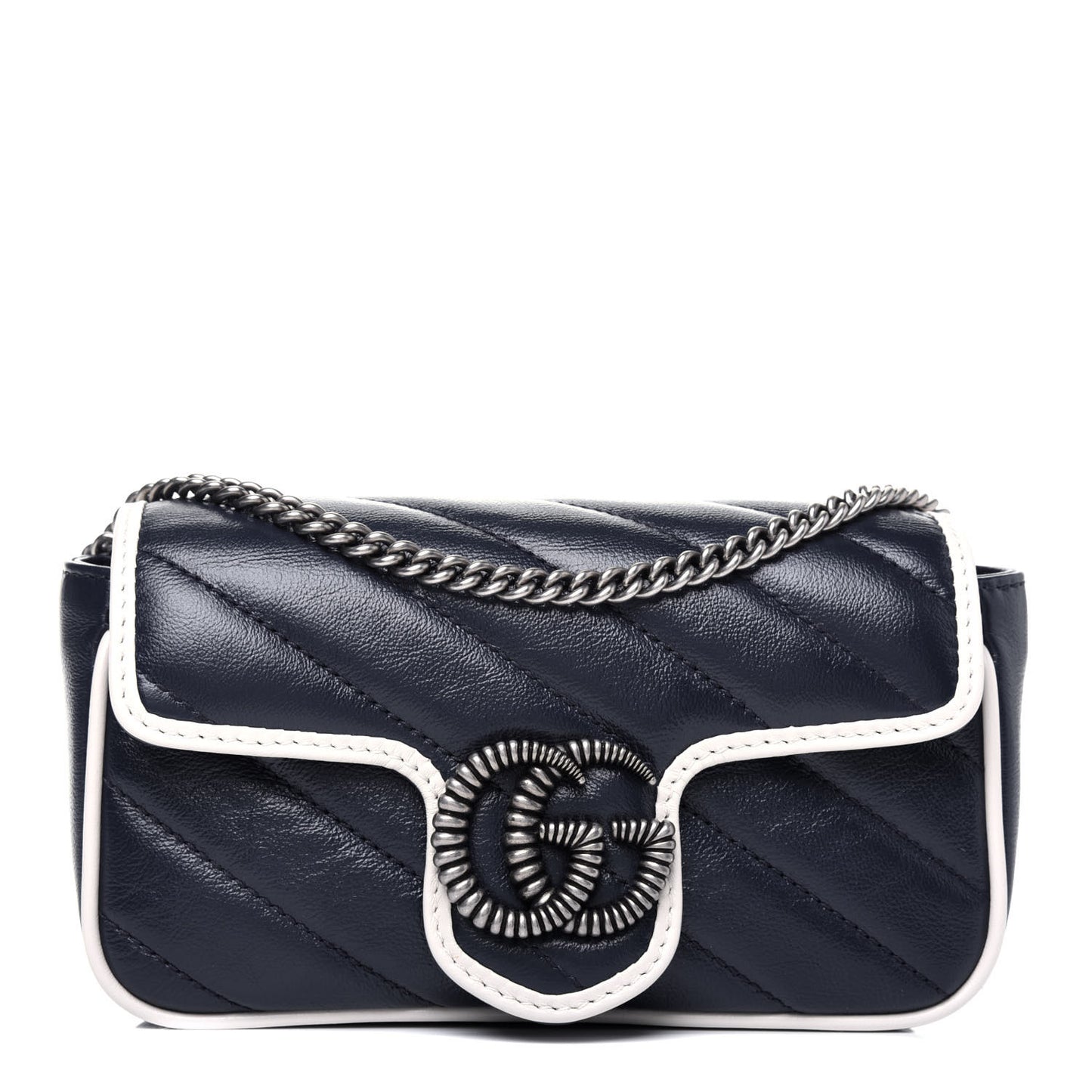 Vintage Effect Calfskin Matelasse Diagonal Super Mini Torchon GG Marmont Shoulder Bag Blue Agata Mystic White