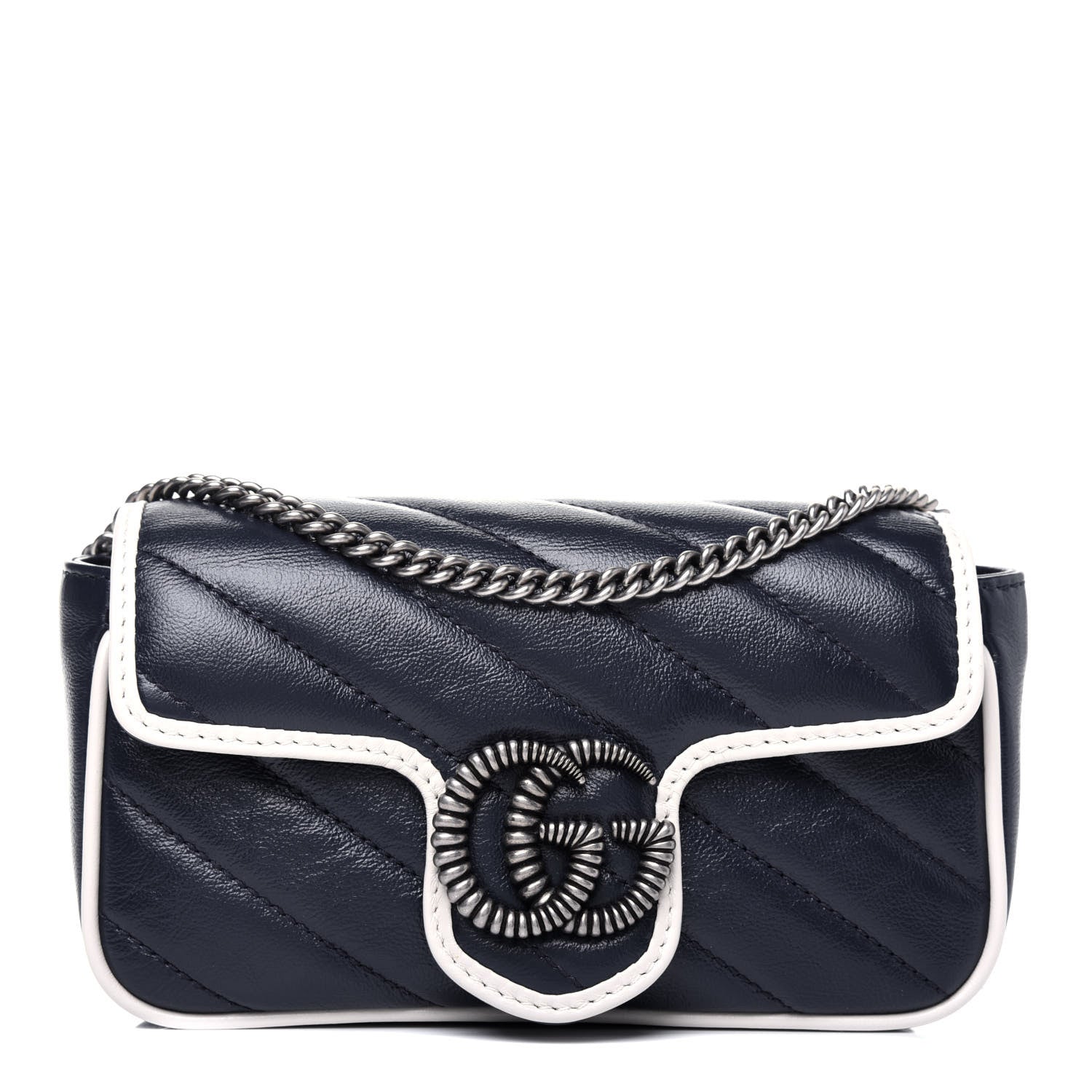 Gucci Vintage Effect Calfskin Matelasse Diagonal Super Mini Torchon GG Marmont Shoulder Bag Blue Agata Mystic White 1 of 10